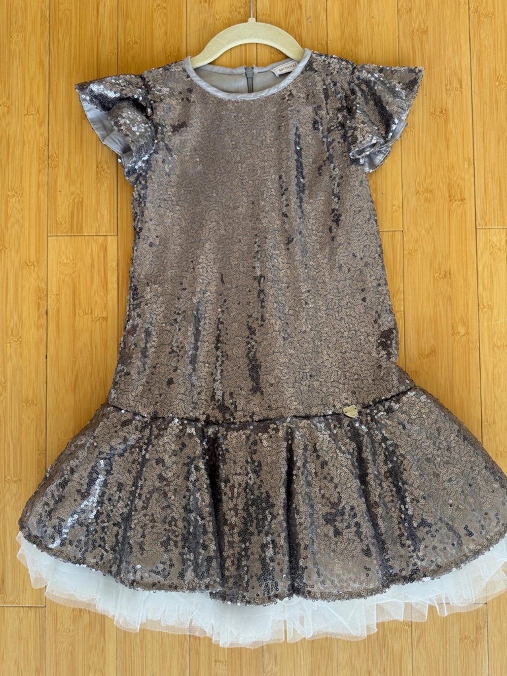 MonnaLisa Silver Sequin Heart-Tag Dress Detail